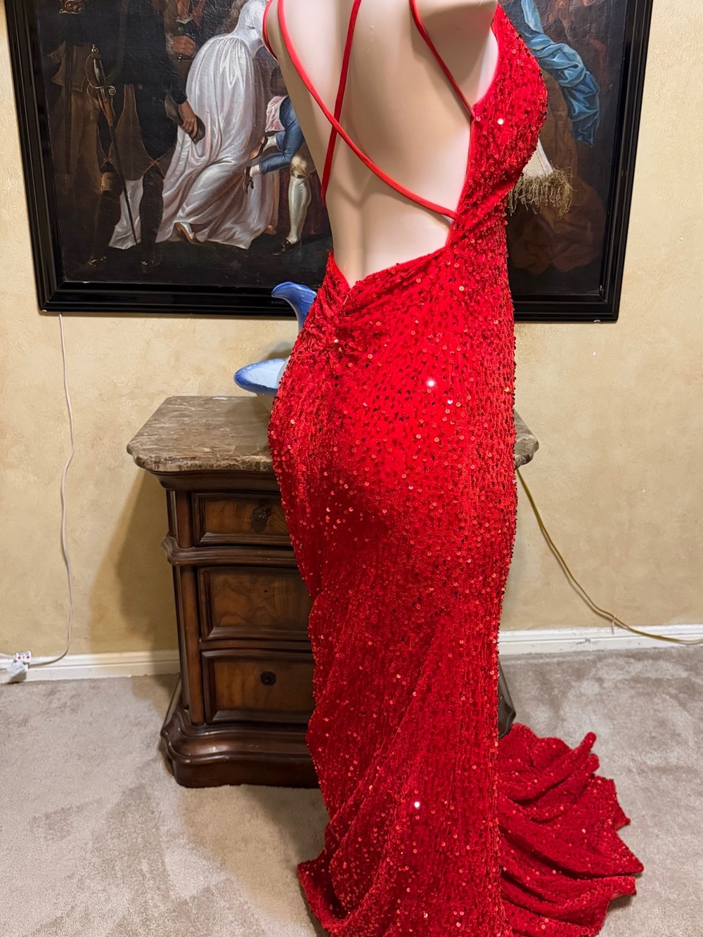 Red Sequin V-Neck Evening Gown - Picture 5 of 12